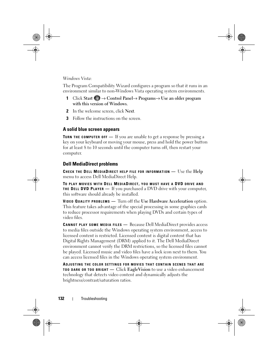 A solid blue screen appears, Dell mediadirect problems | Dell Vostro 1000 (Mid 2007) User Manual | Page 132 / 210