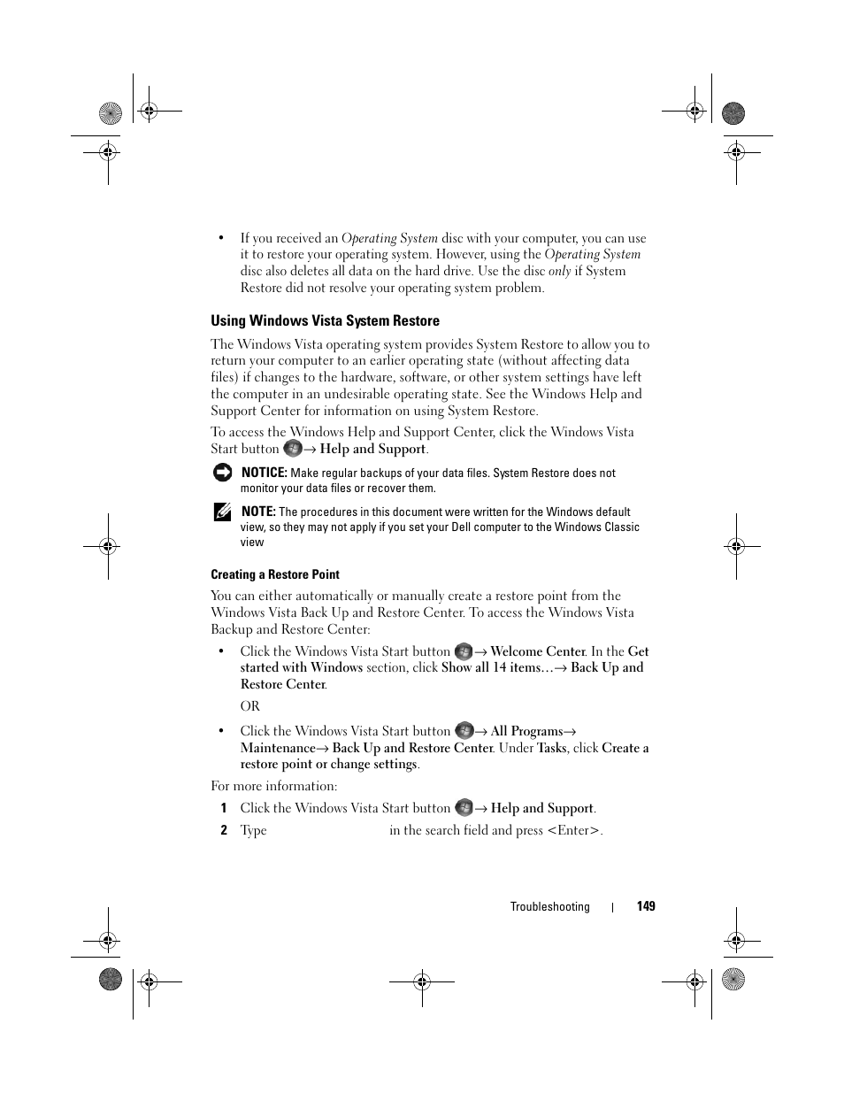 Using windows vista system restore | Dell Vostro 1000 (Mid 2007) User Manual | Page 149 / 210