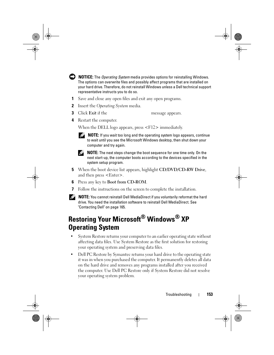 Restoring your microsoft, Windows, Xp operating | Xp operating system | Dell Vostro 1000 (Mid 2007) User Manual | Page 153 / 210