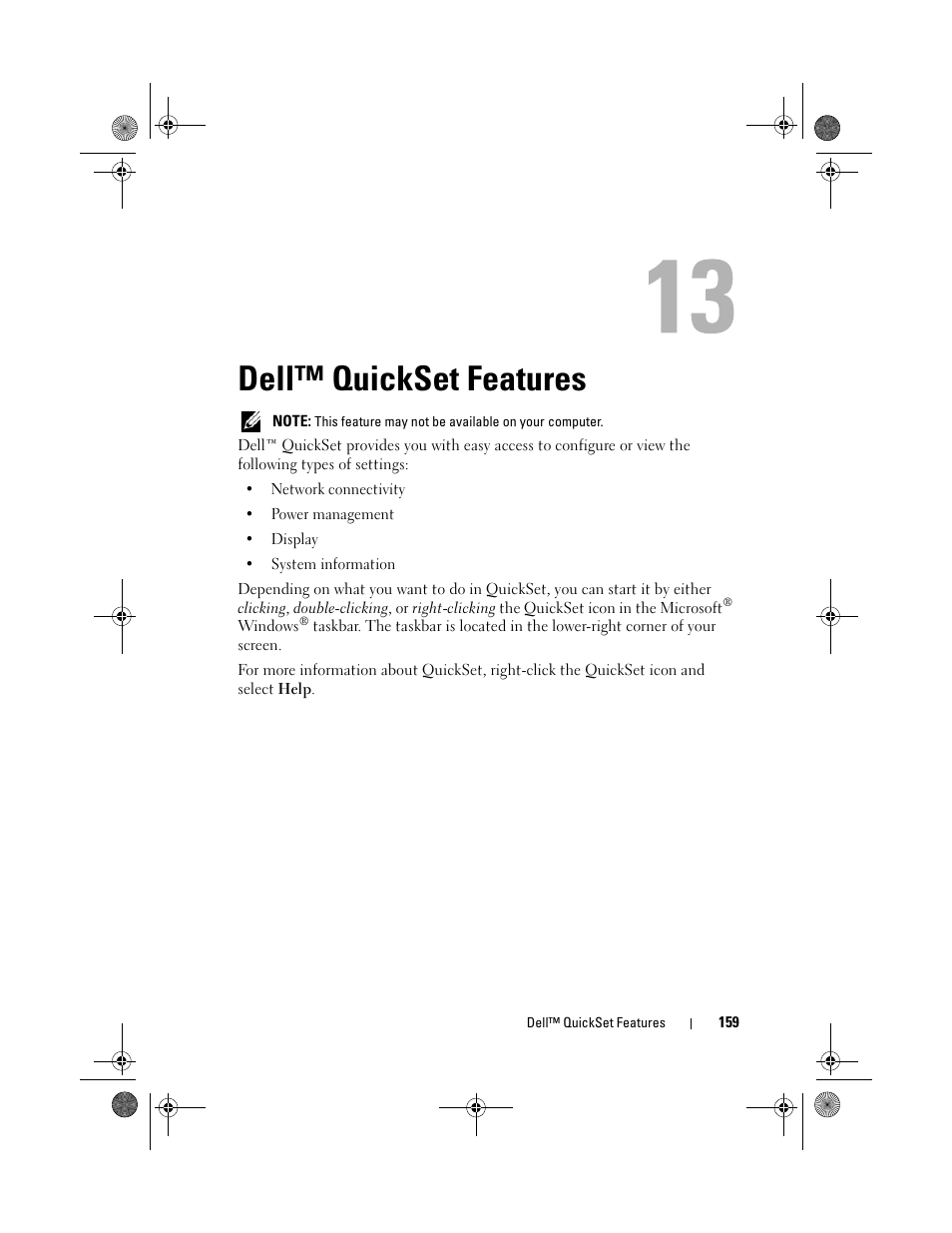 Dell™ quickset features | Dell Vostro 1000 (Mid 2007) User Manual | Page 159 / 210