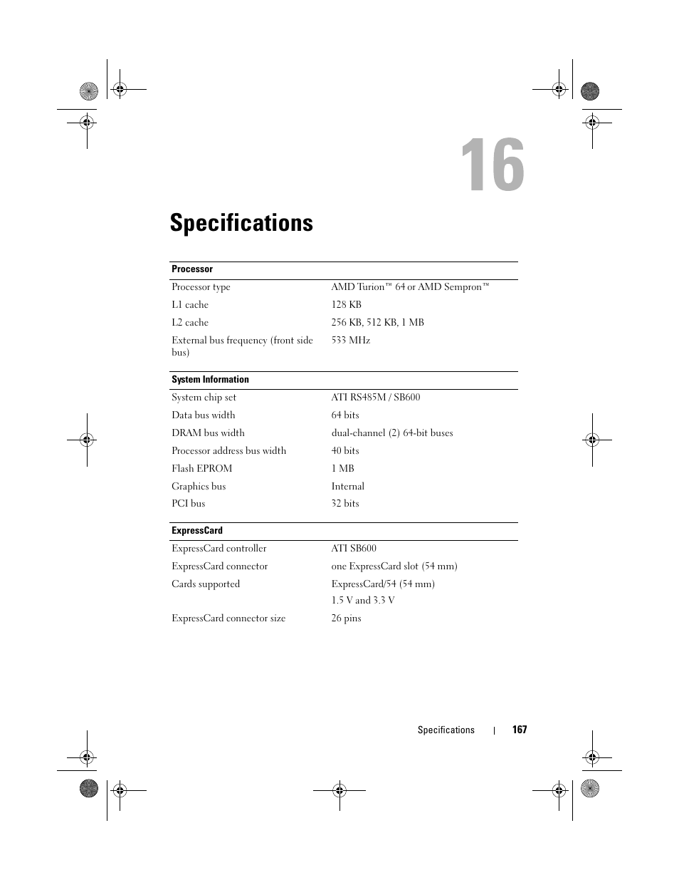 Specifications | Dell Vostro 1000 (Mid 2007) User Manual | Page 167 / 210