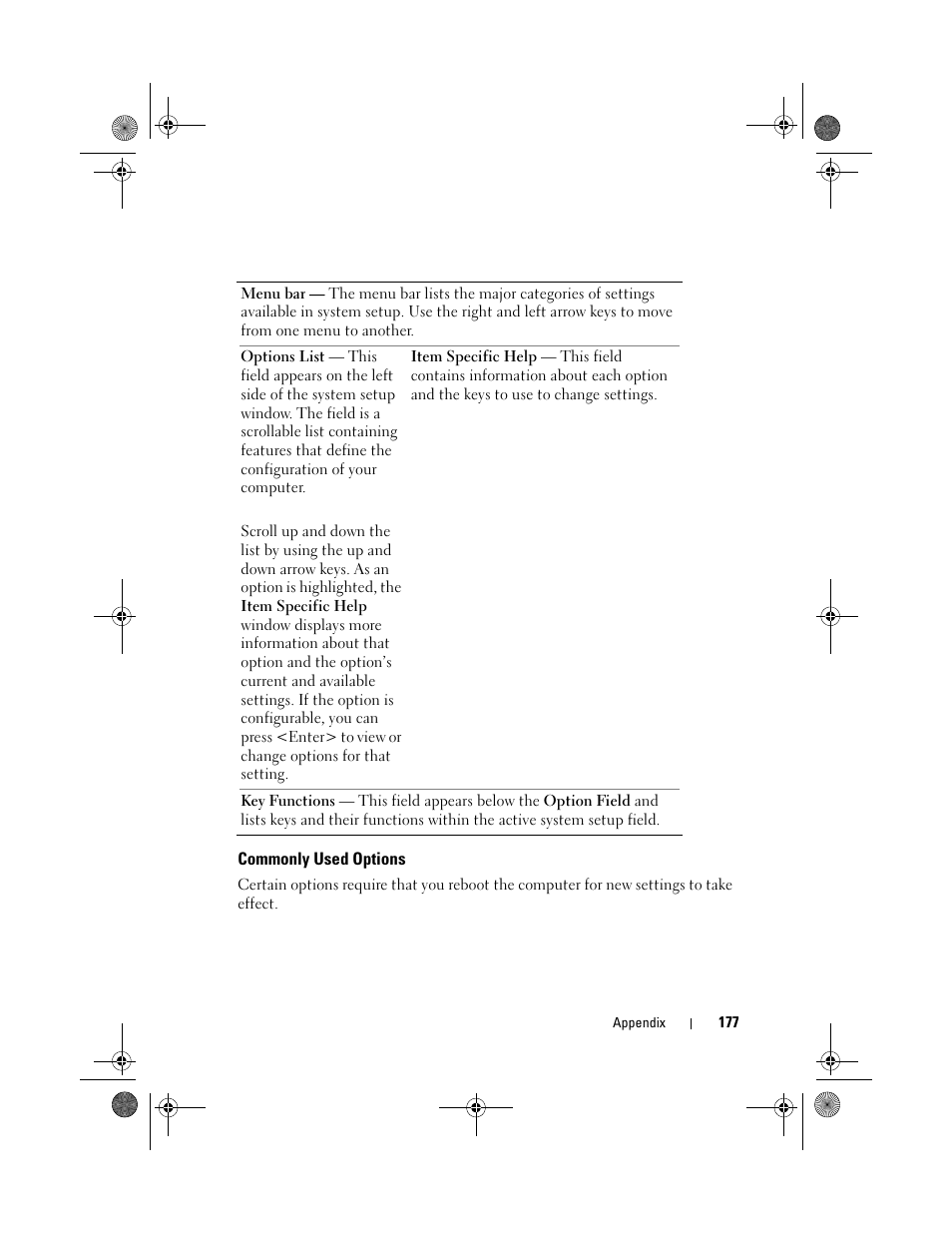 Commonly used options | Dell Vostro 1000 (Mid 2007) User Manual | Page 177 / 210