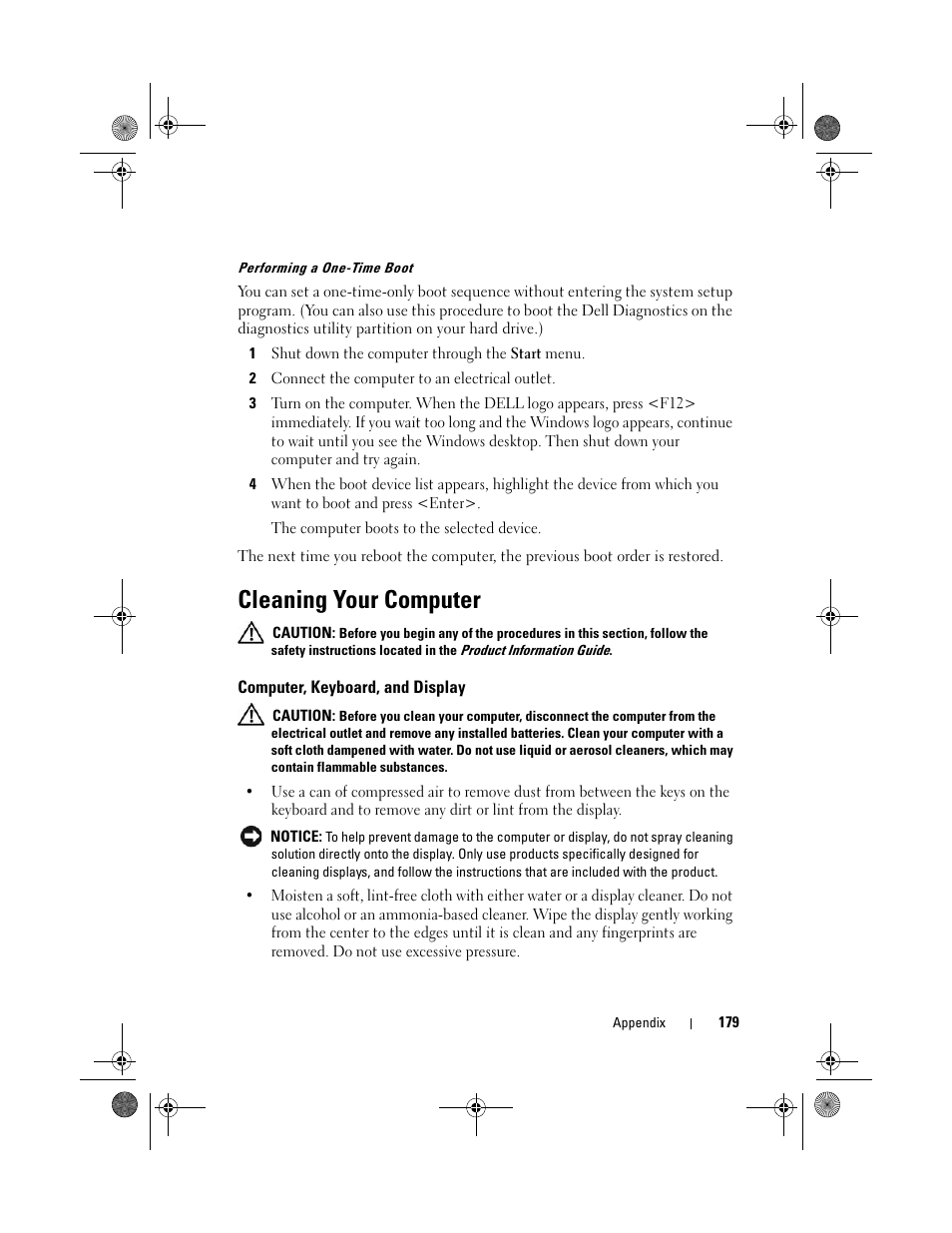 Cleaning your computer, Computer, keyboard, and display | Dell Vostro 1000 (Mid 2007) User Manual | Page 179 / 210