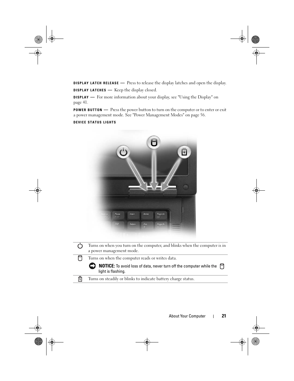 Display latch release, Power button | Dell Vostro 1000 (Mid 2007) User Manual | Page 21 / 210