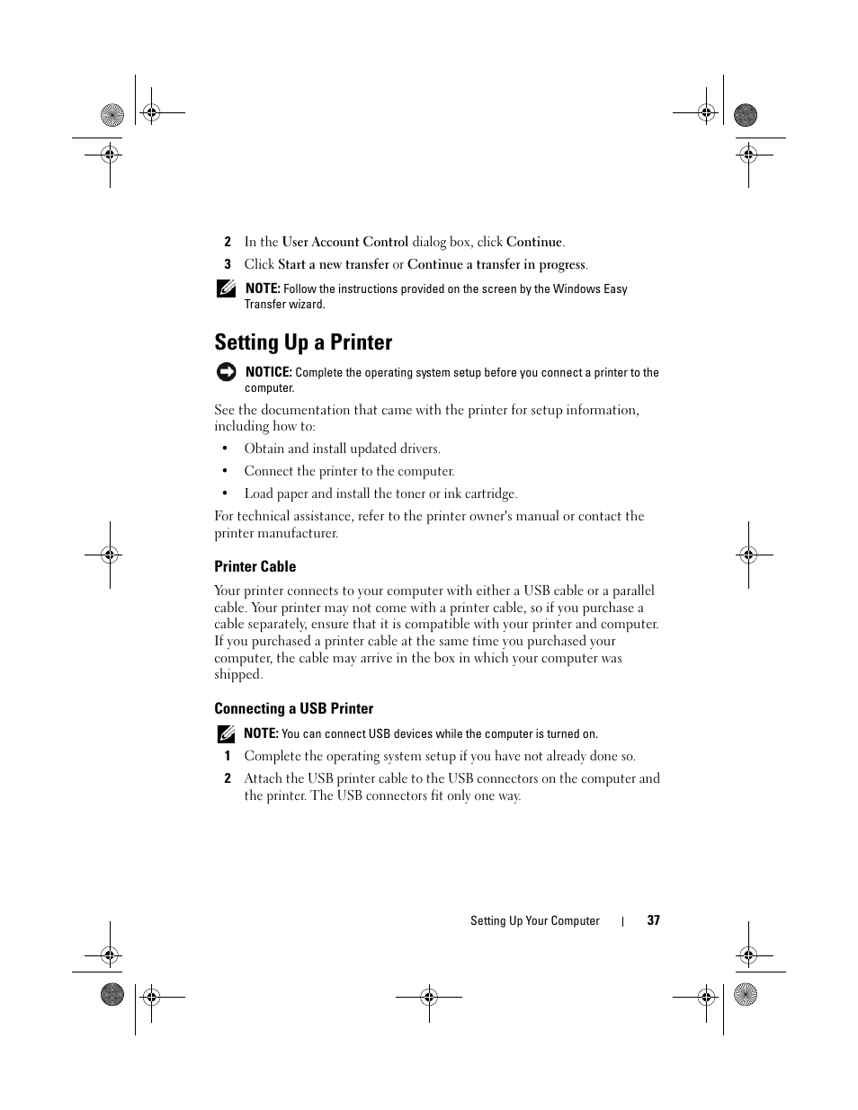 Setting up a printer, Printer cable, Connecting a usb printer | Dell Vostro 1000 (Mid 2007) User Manual | Page 37 / 210