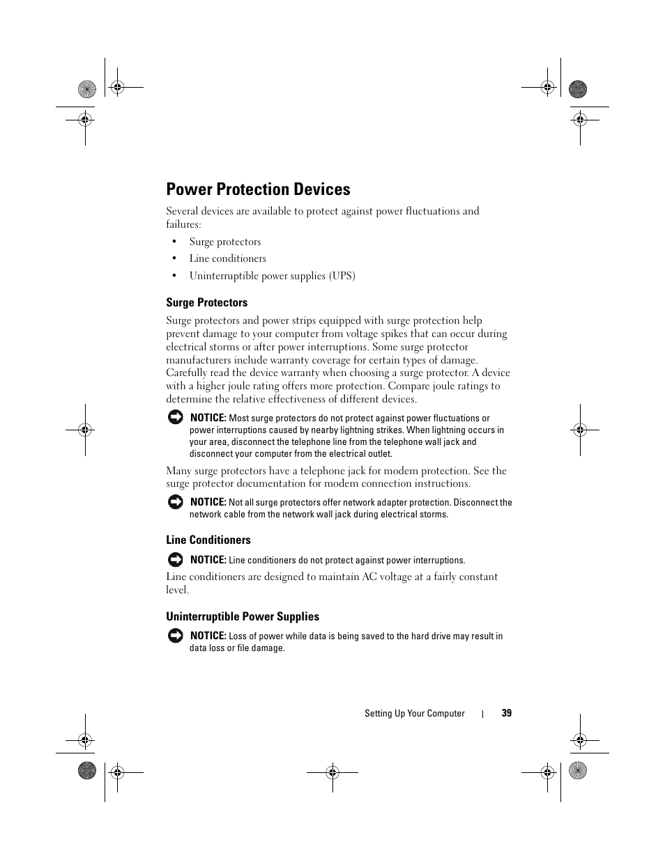 Power protection devices, Surge protectors, Line conditioners | Uninterruptible power supplies | Dell Vostro 1000 (Mid 2007) User Manual | Page 39 / 210