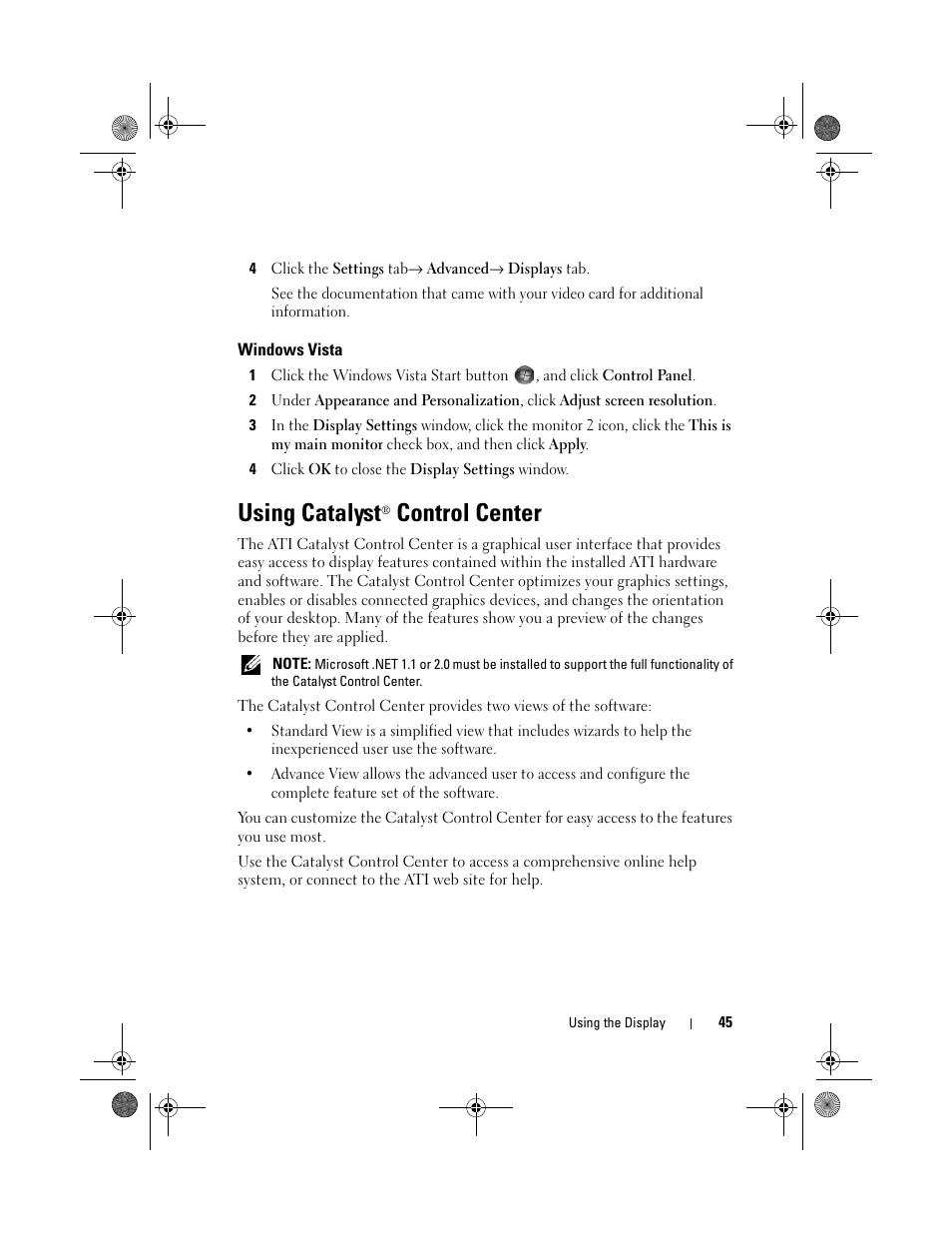 Windows vista, Using catalyst® control center, Using catalyst | Control center | Dell Vostro 1000 (Mid 2007) User Manual | Page 45 / 210