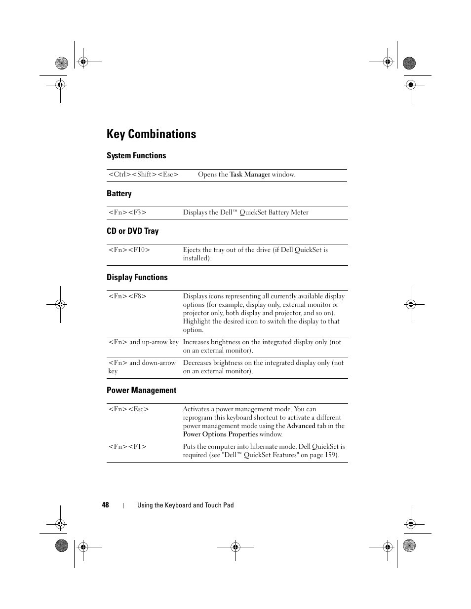 Key combinations, System functions, Battery | Cd or dvd tray, Display functions, Power management | Dell Vostro 1000 (Mid 2007) User Manual | Page 48 / 210