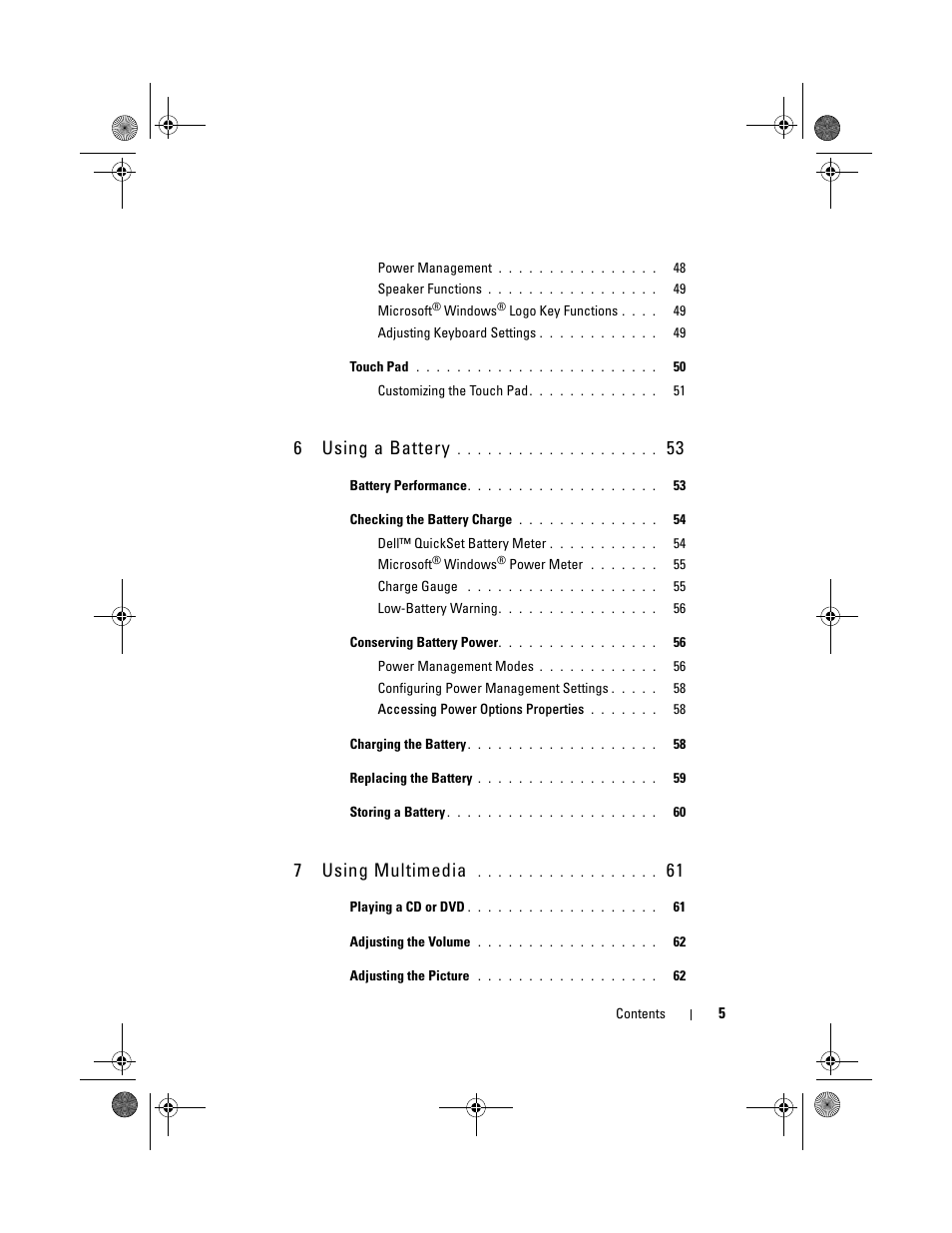6using a battery, 7using multimedia | Dell Vostro 1000 (Mid 2007) User Manual | Page 5 / 210