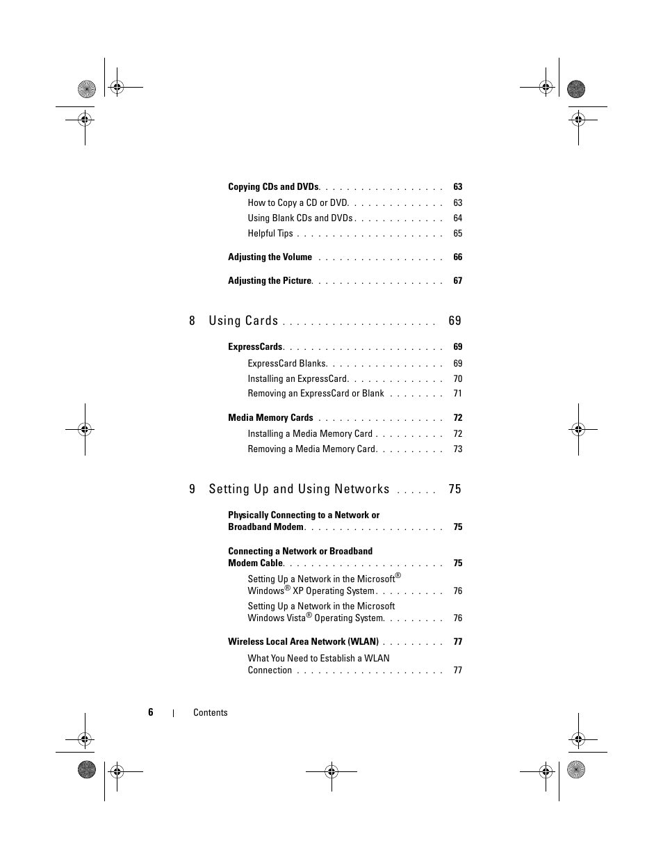 8using cards, 9setting up and using networks | Dell Vostro 1000 (Mid 2007) User Manual | Page 6 / 210