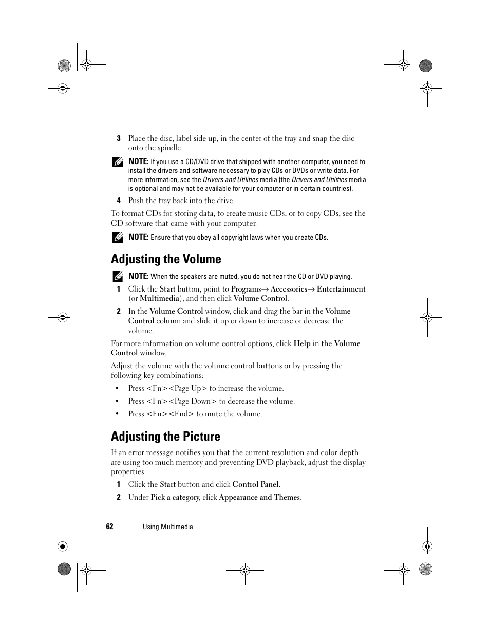 Adjusting the volume, Adjusting the picture | Dell Vostro 1000 (Mid 2007) User Manual | Page 62 / 210