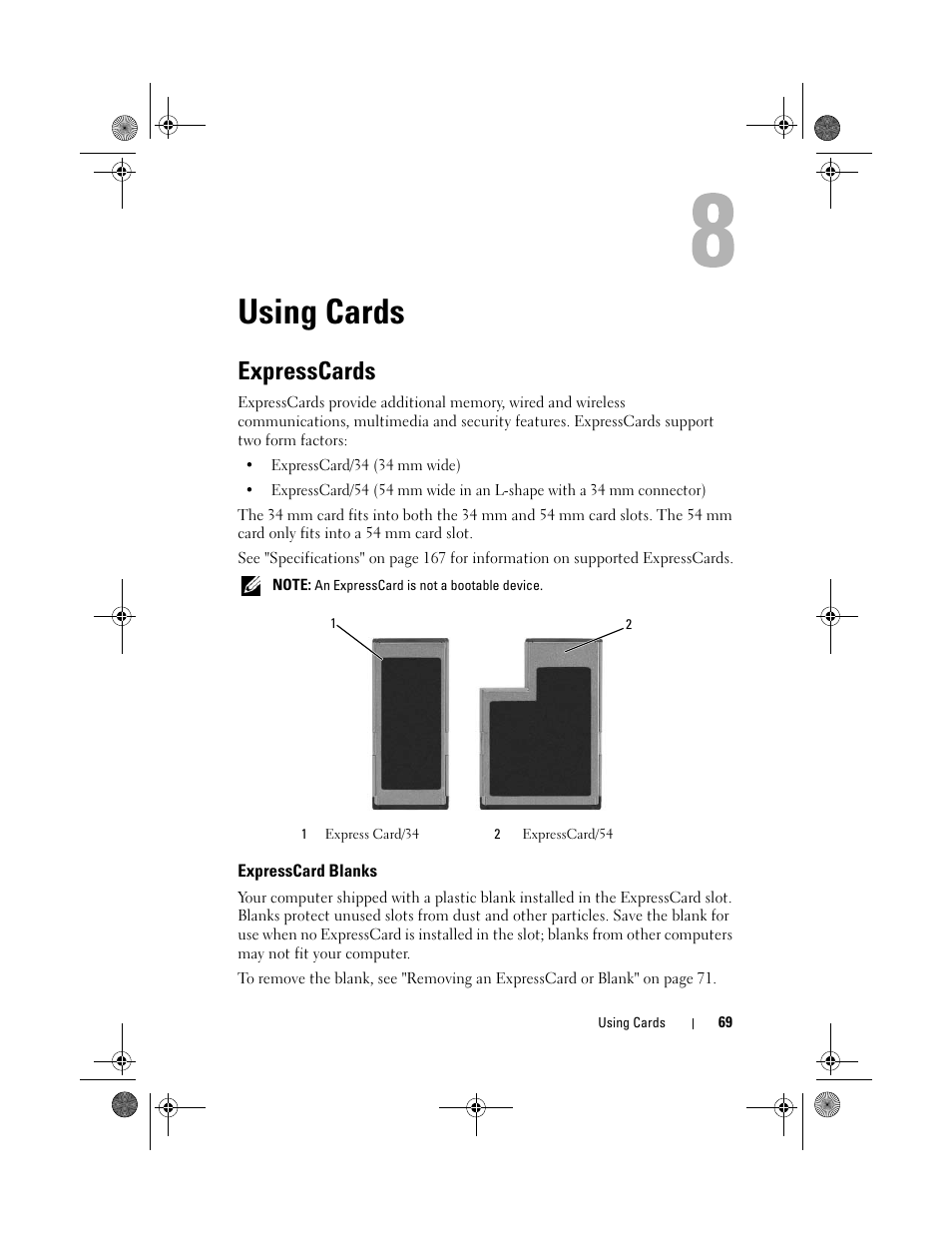 Using cards, Expresscards, Expresscard blanks | Dell Vostro 1000 (Mid 2007) User Manual | Page 69 / 210