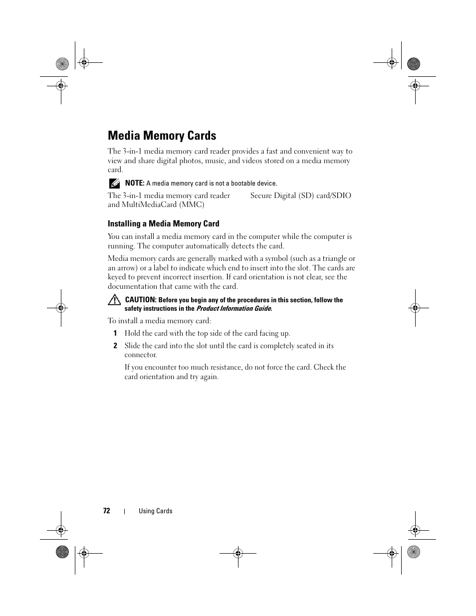 Media memory cards, Installing a media memory card | Dell Vostro 1000 (Mid 2007) User Manual | Page 72 / 210