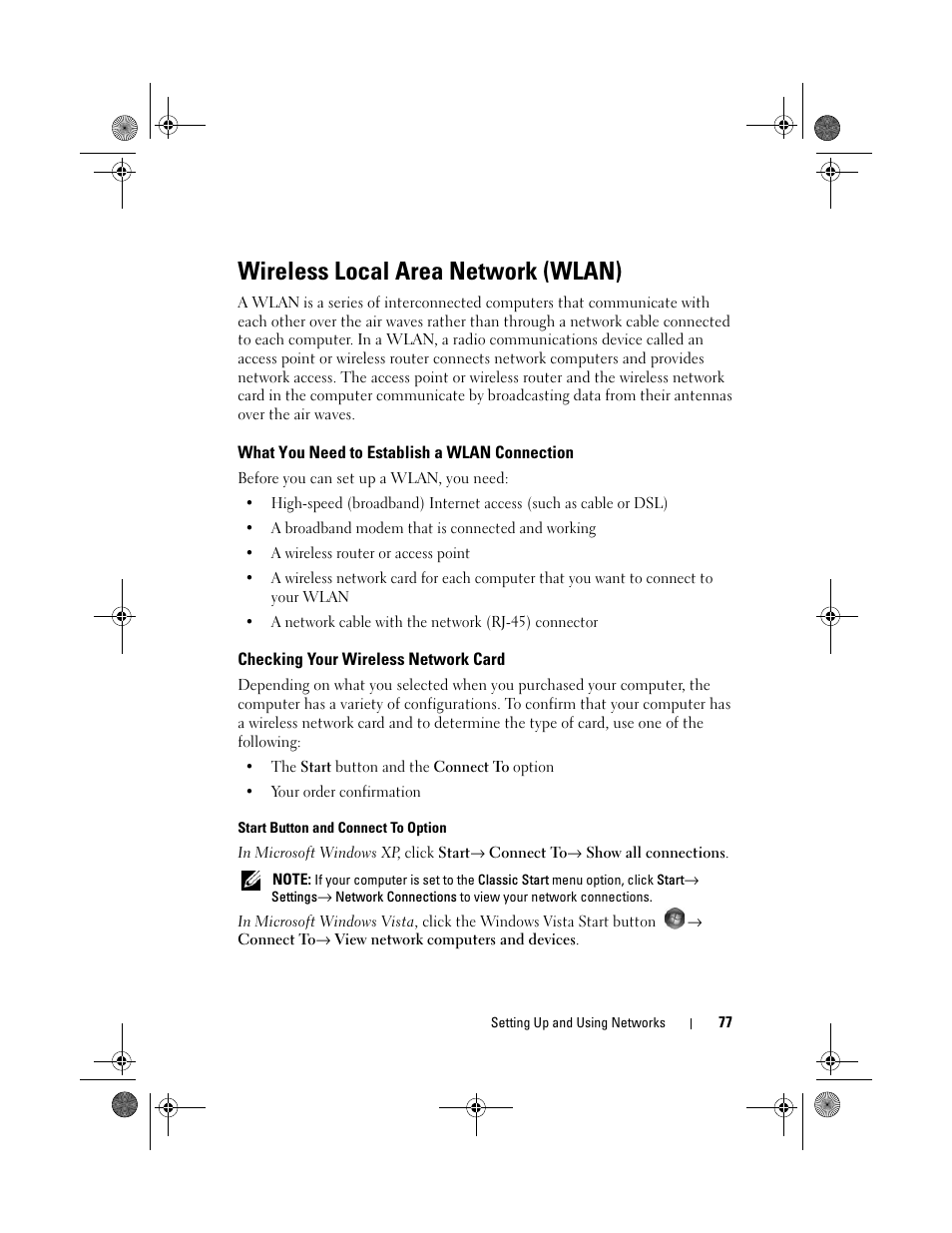 Wireless local area network (wlan), What you need to establish a wlan connection, Checking your wireless network card | Dell Vostro 1000 (Mid 2007) User Manual | Page 77 / 210