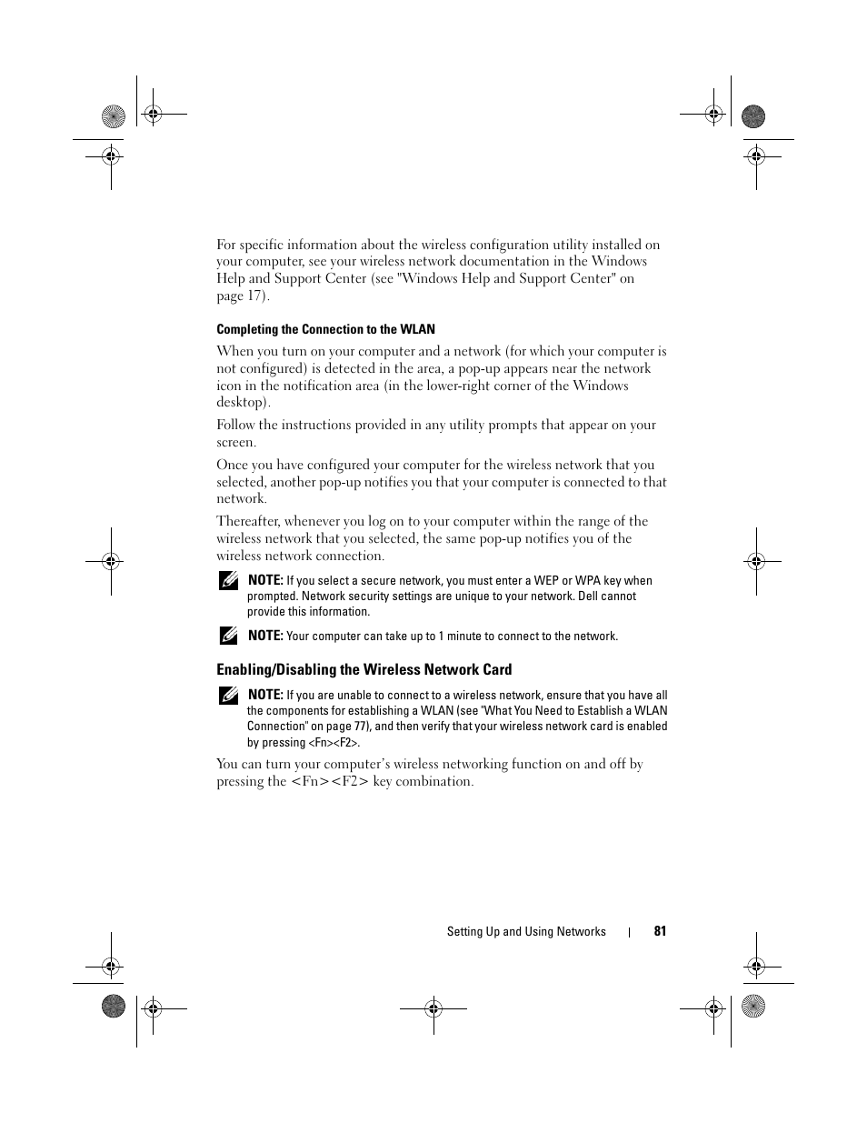 Enabling/disabling the wireless network card | Dell Vostro 1000 (Mid 2007) User Manual | Page 81 / 210