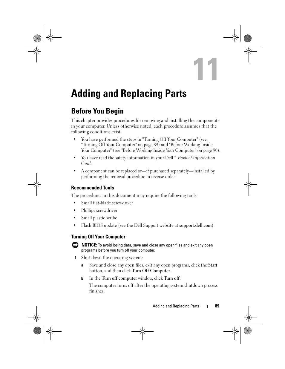 Adding and replacing parts, Before you begin, Recommended tools | Turning off your computer | Dell Vostro 1000 (Mid 2007) User Manual | Page 89 / 210