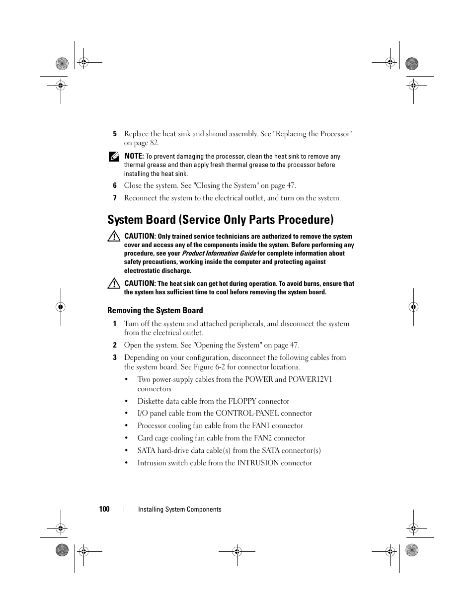 System board (service only parts procedure), Removing the system board | Dell PowerEdge T105 User Manual | Page 100 / 190
