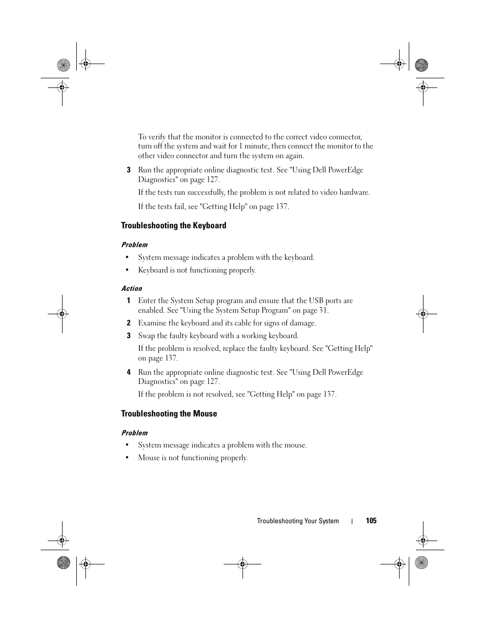 Troubleshooting the keyboard, Troubleshooting the mouse | Dell PowerEdge T105 User Manual | Page 105 / 190