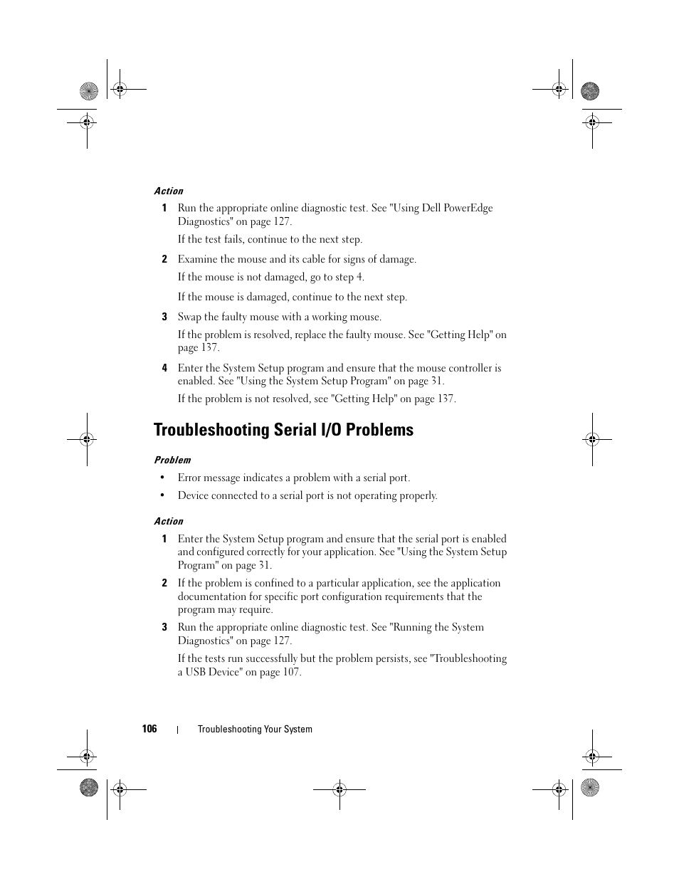 Troubleshooting serial i/o problems | Dell PowerEdge T105 User Manual | Page 106 / 190