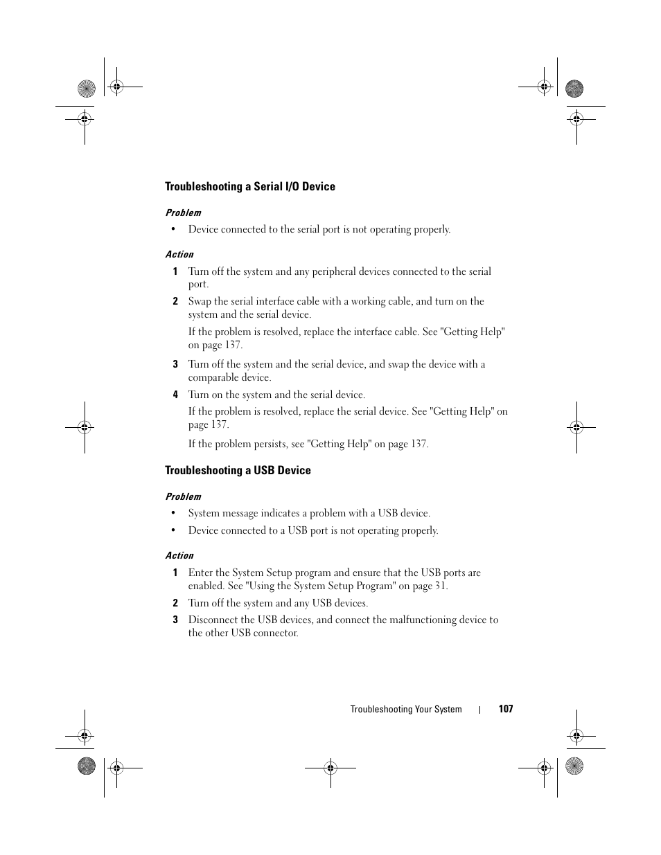 Troubleshooting a serial i/o device, Troubleshooting a usb device | Dell PowerEdge T105 User Manual | Page 107 / 190