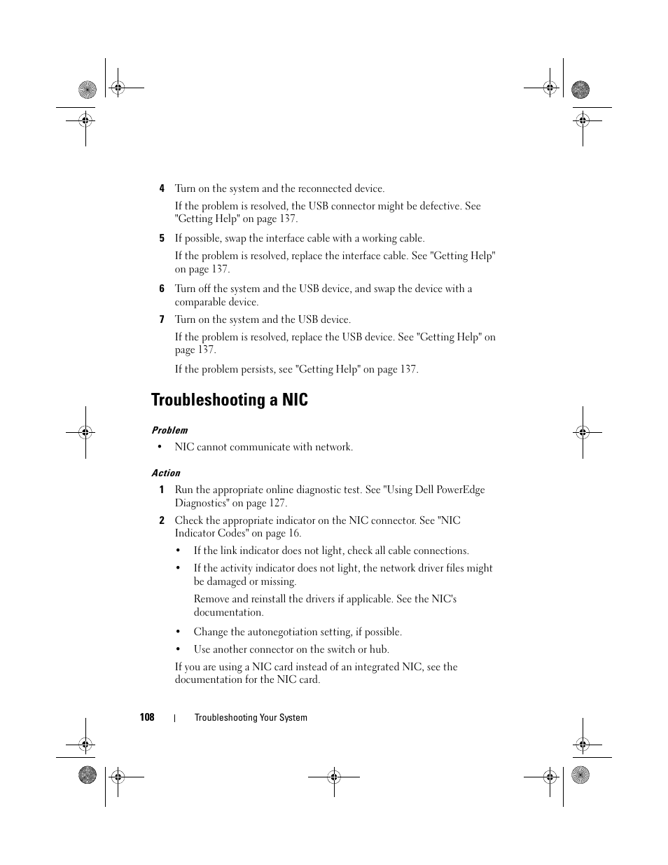 Troubleshooting a nic | Dell PowerEdge T105 User Manual | Page 108 / 190