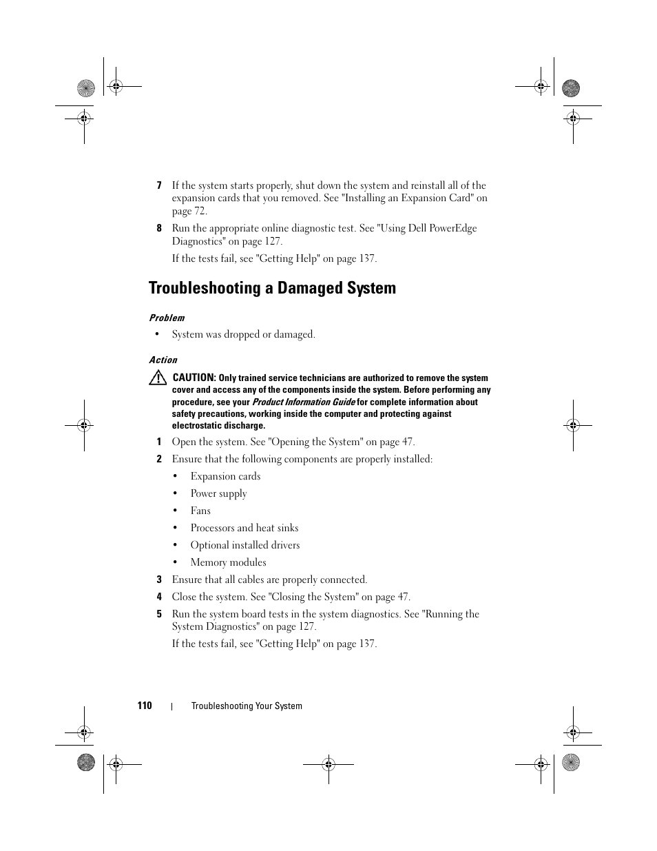Troubleshooting a damaged system | Dell PowerEdge T105 User Manual | Page 110 / 190