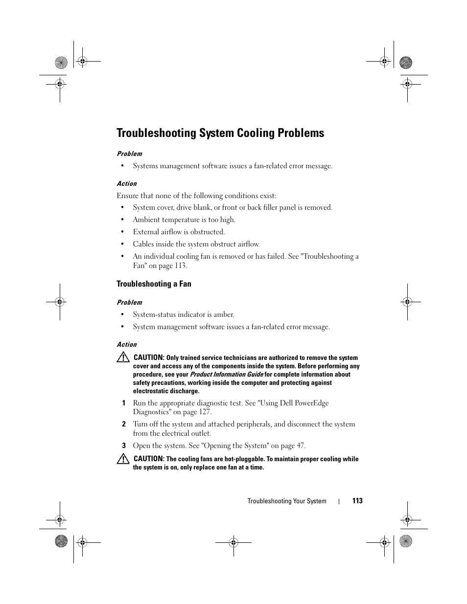 Troubleshooting system cooling problems, Troubleshooting a fan | Dell PowerEdge T105 User Manual | Page 113 / 190