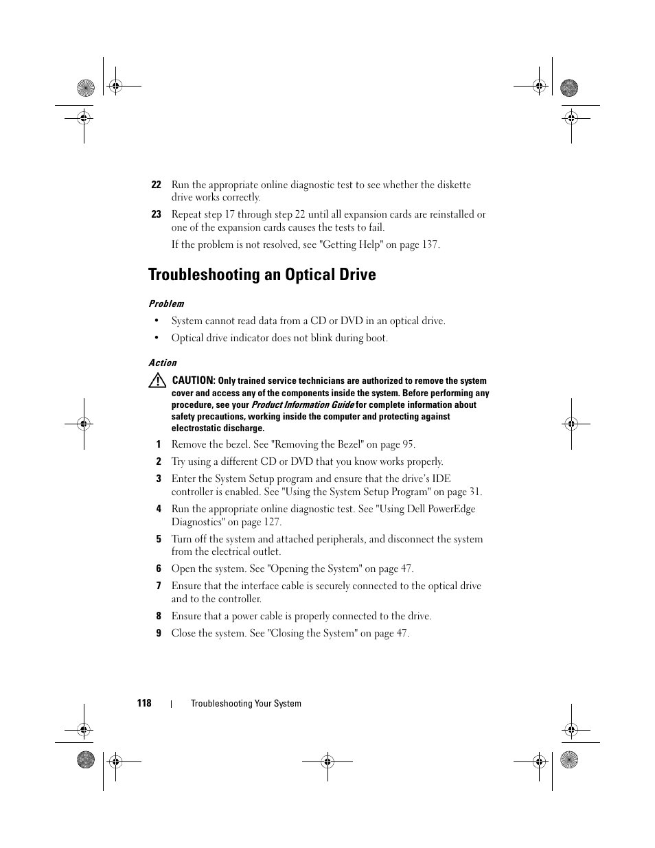 Troubleshooting an optical drive | Dell PowerEdge T105 User Manual | Page 118 / 190