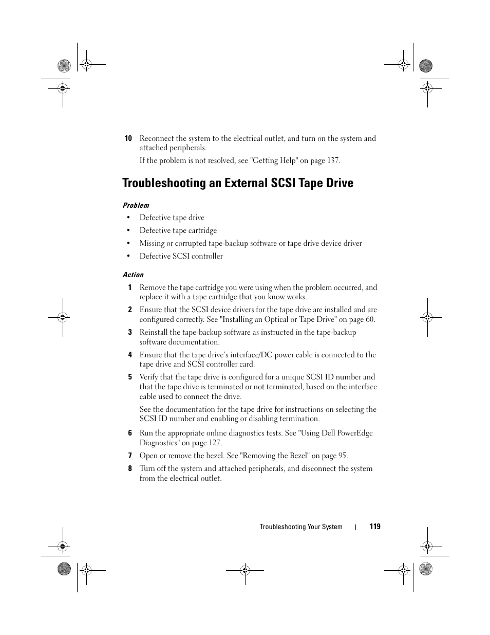 Troubleshooting an external scsi tape drive | Dell PowerEdge T105 User Manual | Page 119 / 190