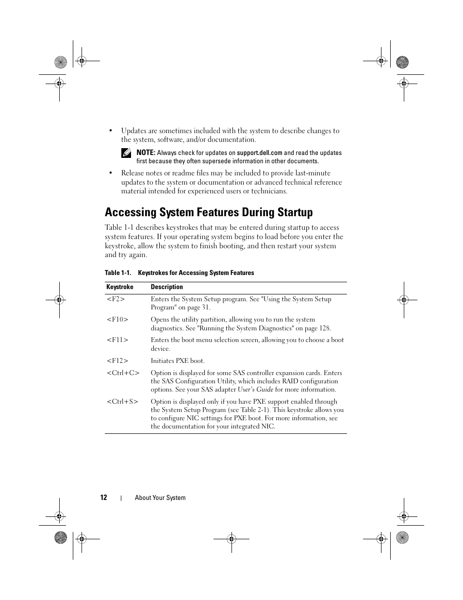 Accessing system features during startup | Dell PowerEdge T105 User Manual | Page 12 / 190