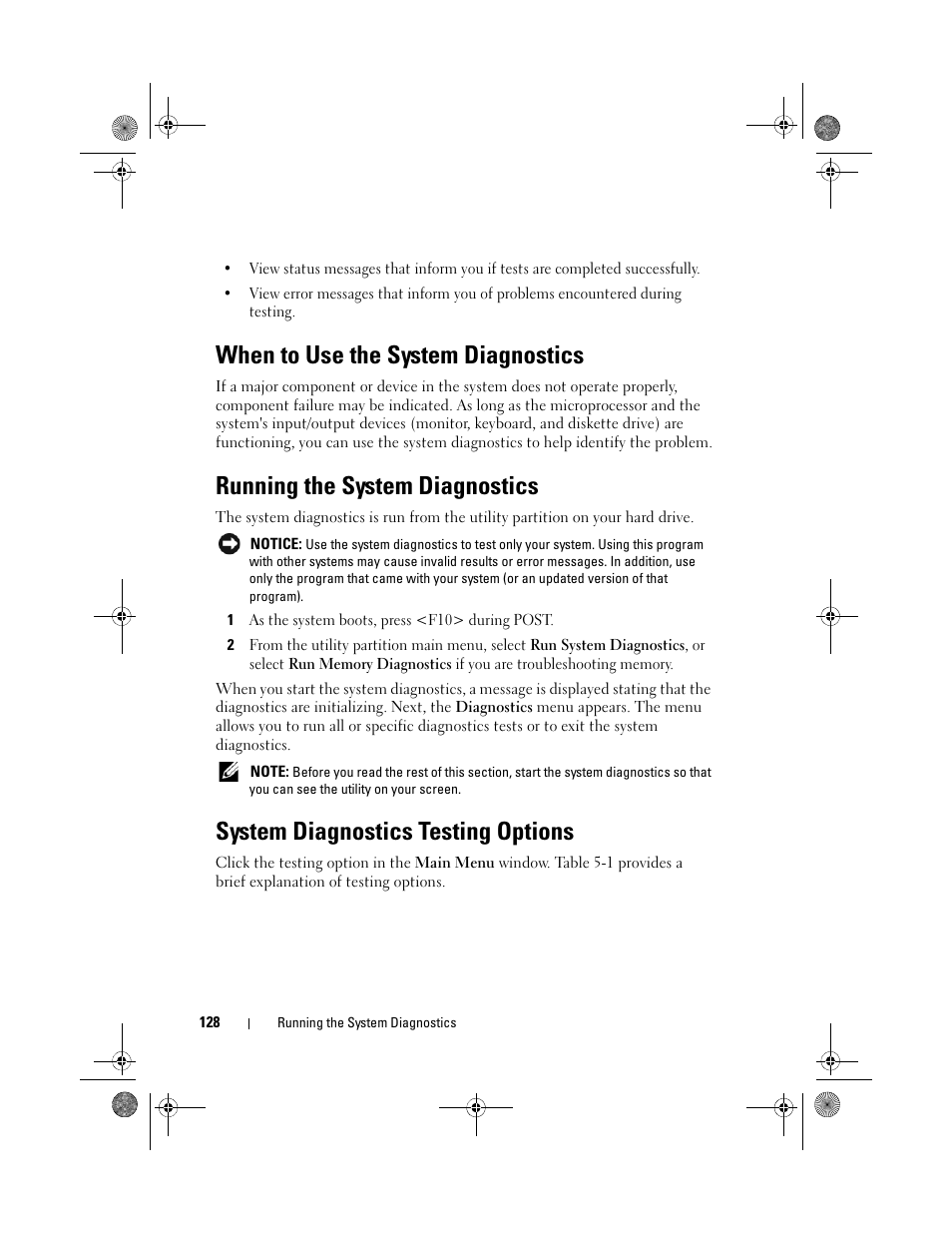 When to use the system diagnostics, Running the system diagnostics, System diagnostics testing options | Dell PowerEdge T105 User Manual | Page 128 / 190