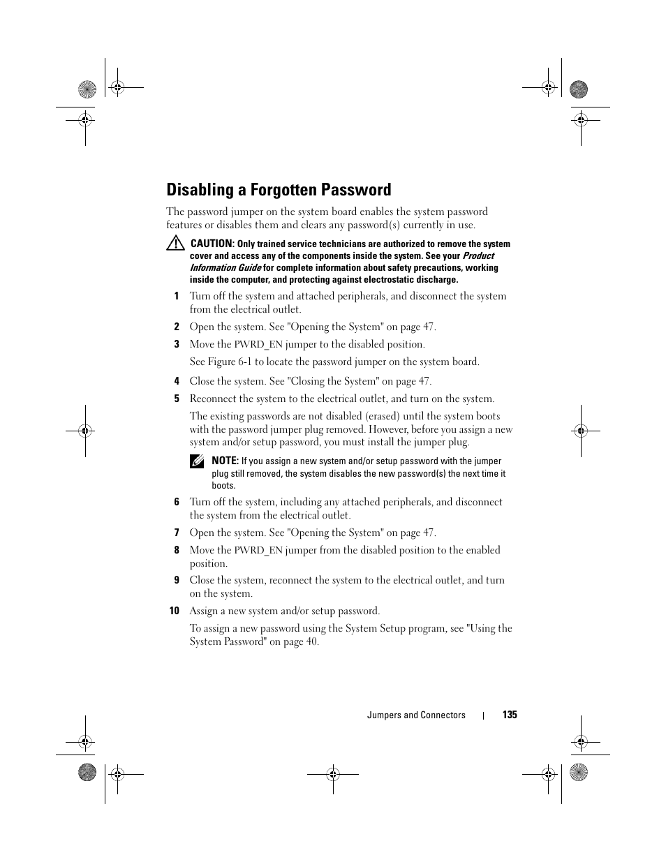 Disabling a forgotten password | Dell PowerEdge T105 User Manual | Page 135 / 190