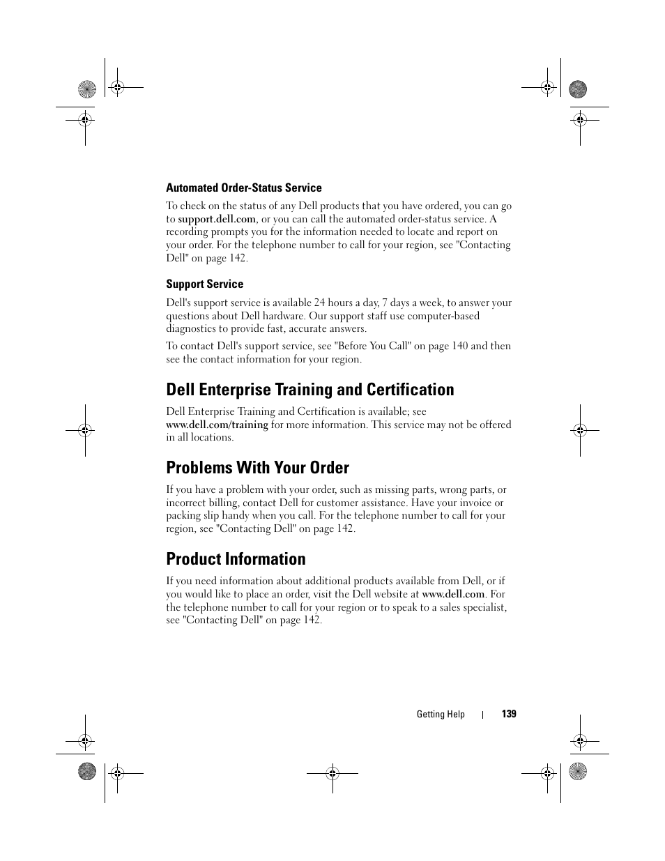 Automated order-status service, Support service, Dell enterprise training and certification | Problems with your order, Product information | Dell PowerEdge T105 User Manual | Page 139 / 190