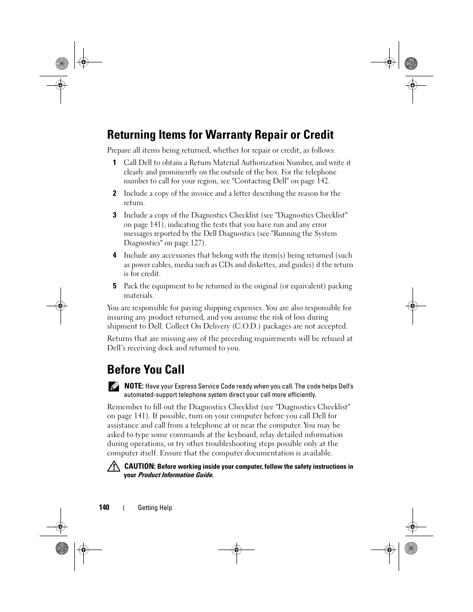 Returning items for warranty repair or credit, Before you call | Dell PowerEdge T105 User Manual | Page 140 / 190