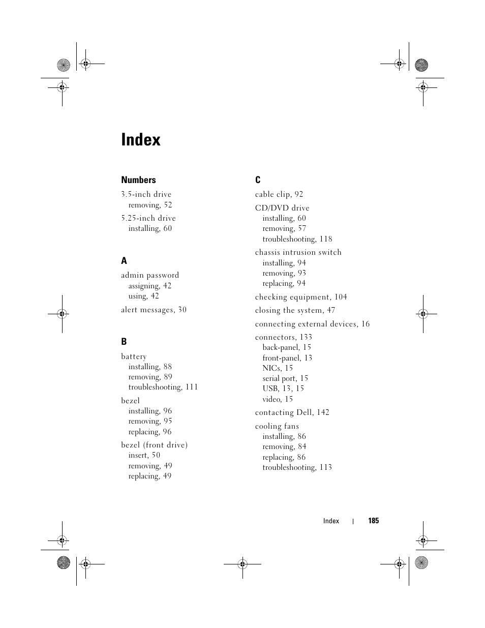 Index | Dell PowerEdge T105 User Manual | Page 185 / 190