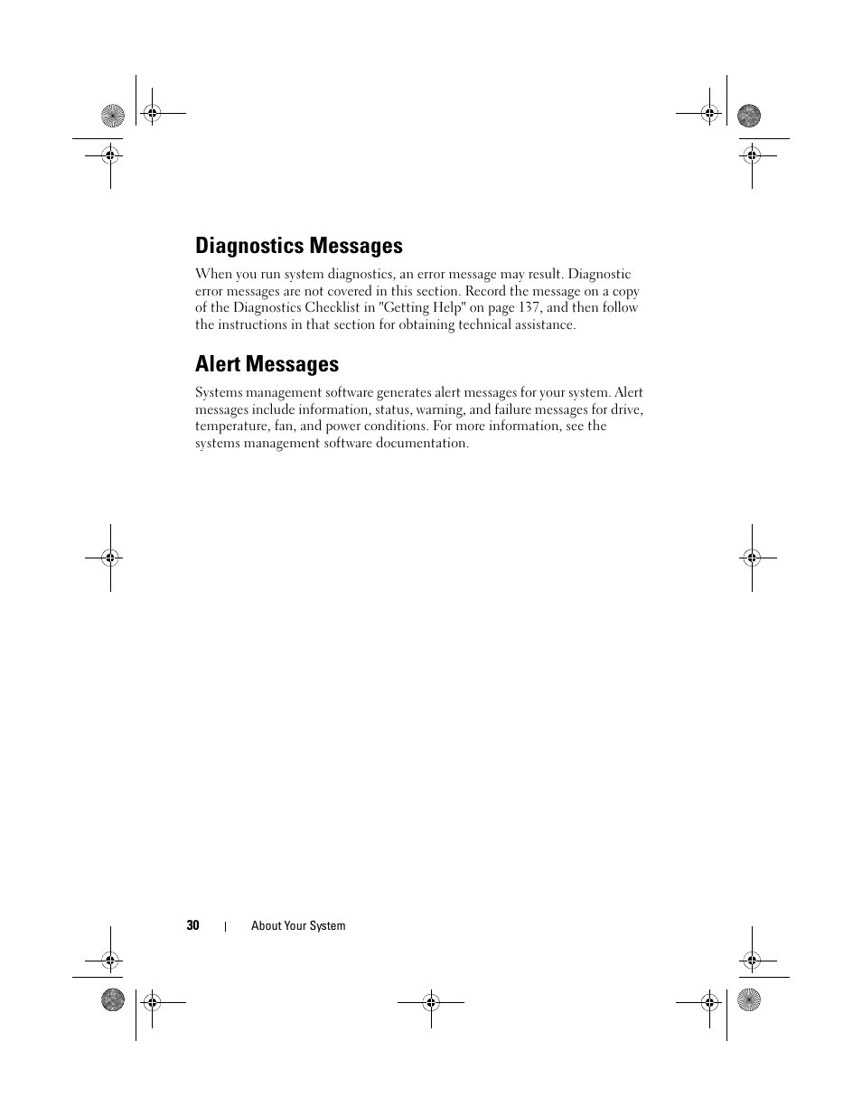 Diagnostics messages, Alert messages | Dell PowerEdge T105 User Manual | Page 30 / 190