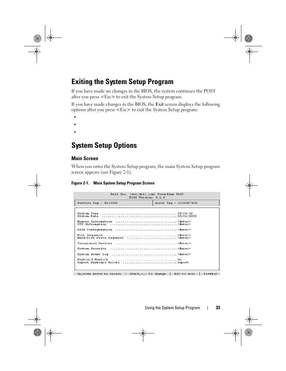 Exiting the system setup program, System setup options, Main screen | Dell PowerEdge T105 User Manual | Page 33 / 190