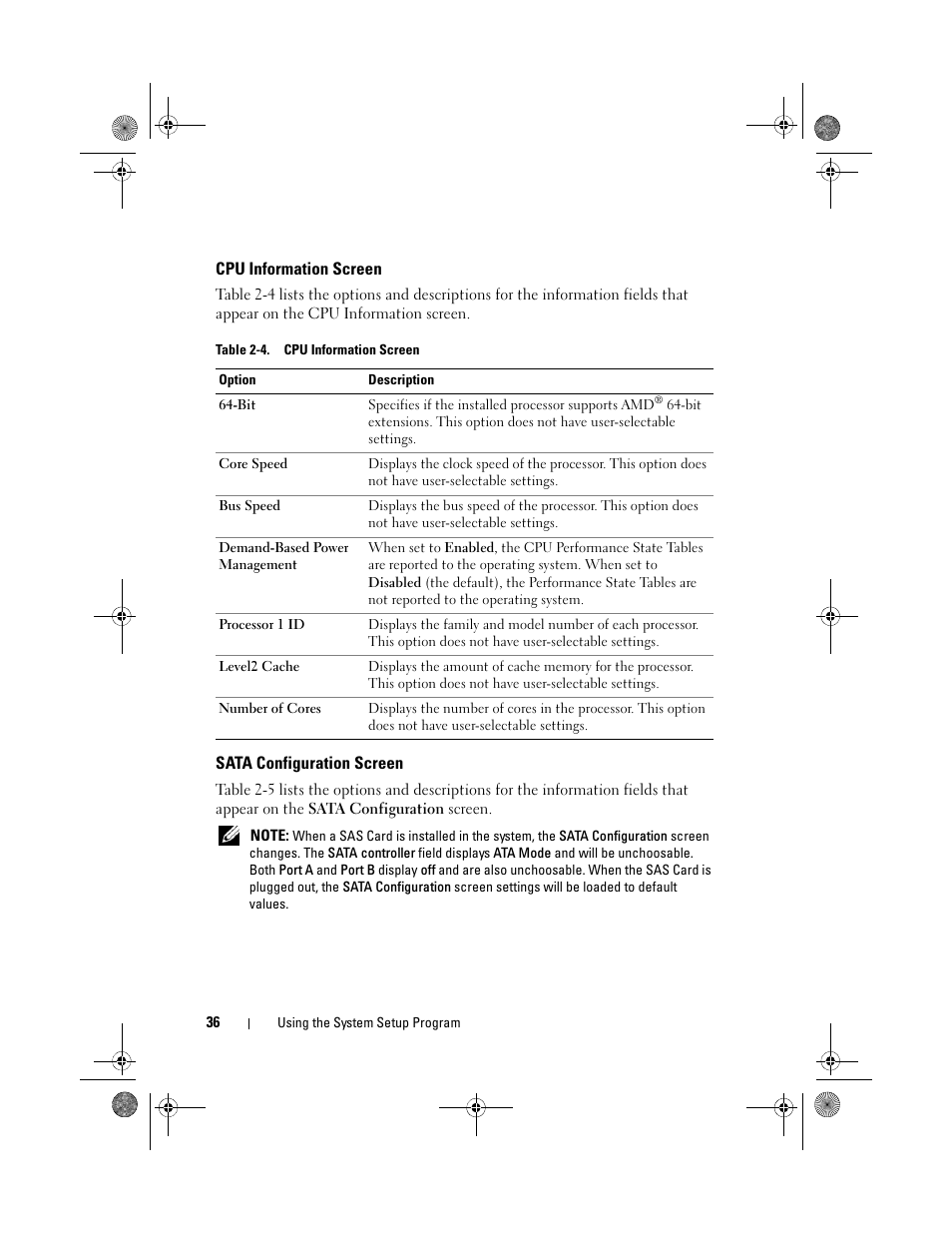 Cpu information screen, Sata configuration screen | Dell PowerEdge T105 User Manual | Page 36 / 190