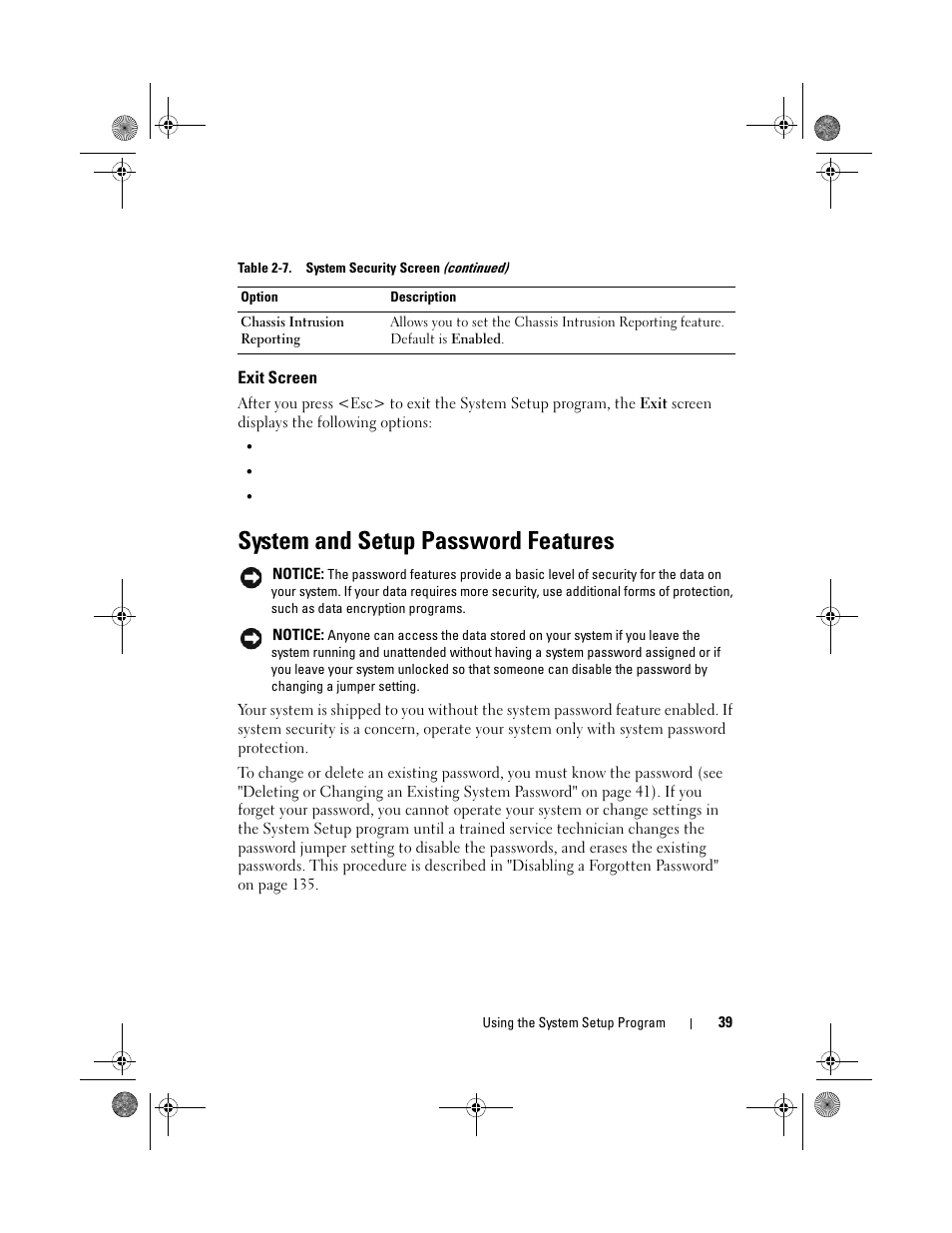 Exit screen, System and setup password features | Dell PowerEdge T105 User Manual | Page 39 / 190