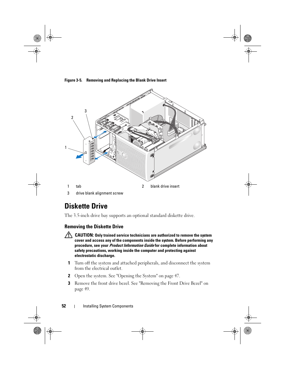 Diskette drive, Removing the diskette drive | Dell PowerEdge T105 User Manual | Page 52 / 190