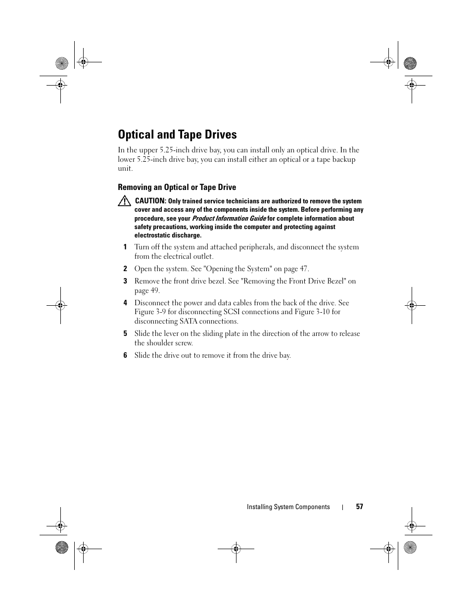 Optical and tape drives, Removing an optical or tape drive | Dell PowerEdge T105 User Manual | Page 57 / 190