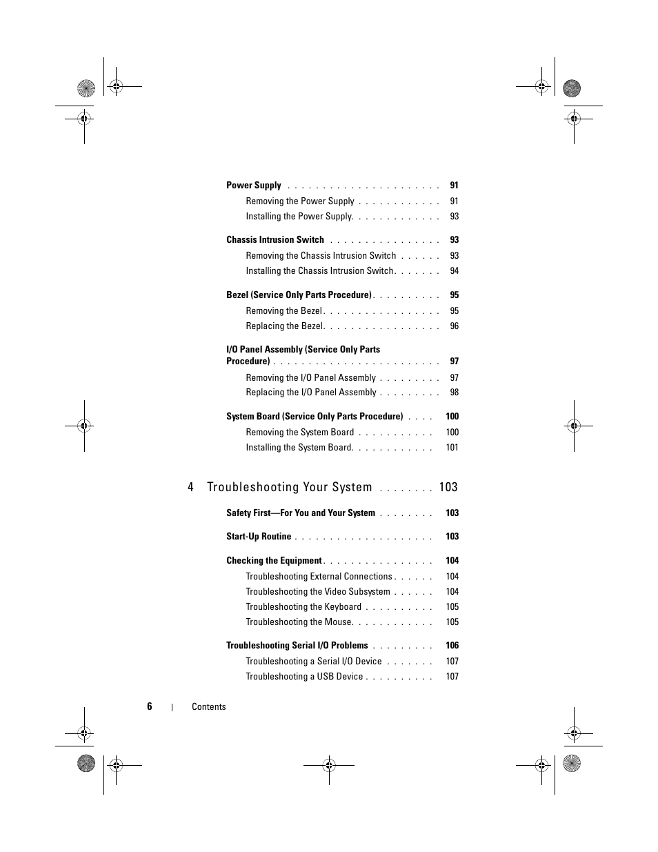 4troubleshooting your system | Dell PowerEdge T105 User Manual | Page 6 / 190