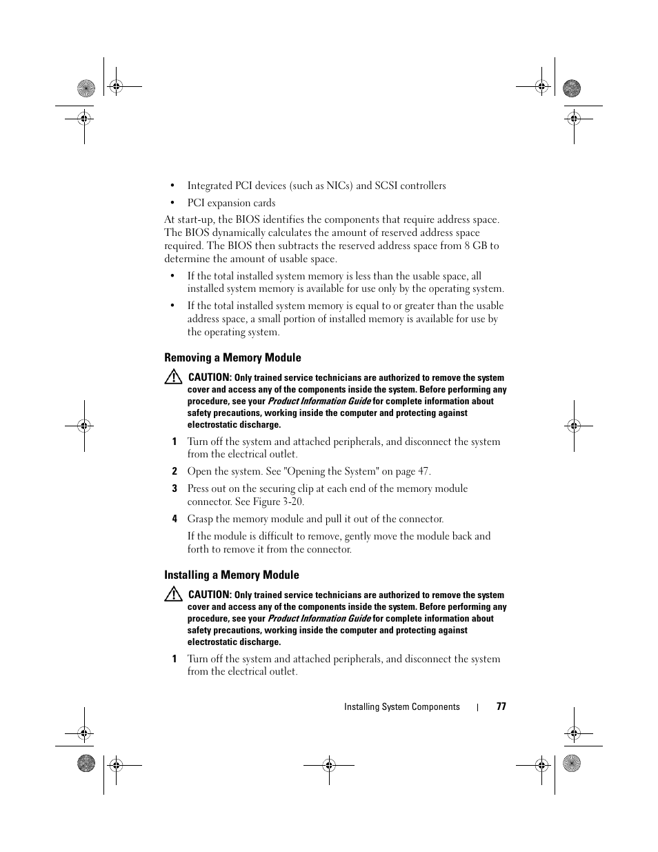 Removing a memory module, Installing a memory module | Dell PowerEdge T105 User Manual | Page 77 / 190