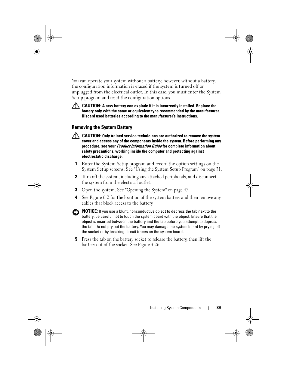 Removing the system battery | Dell PowerEdge T105 User Manual | Page 89 / 190