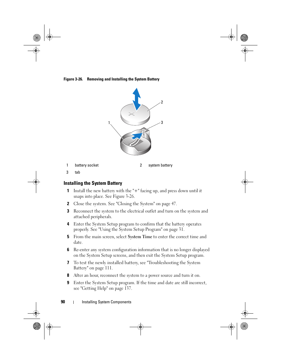 Installing the system battery, Et. see figure 3-26 | Dell PowerEdge T105 User Manual | Page 90 / 190