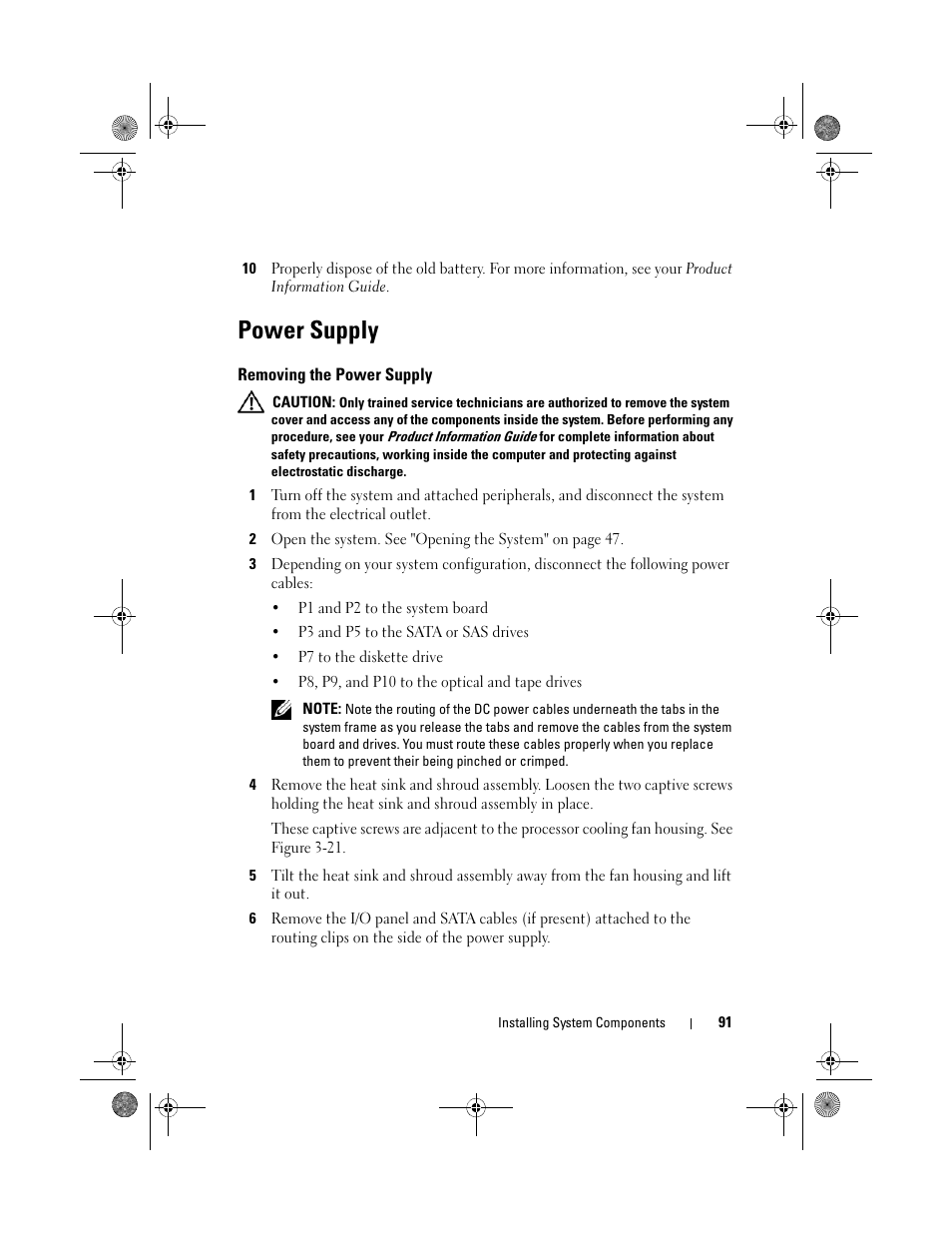 Power supply, Removing the power supply | Dell PowerEdge T105 User Manual | Page 91 / 190
