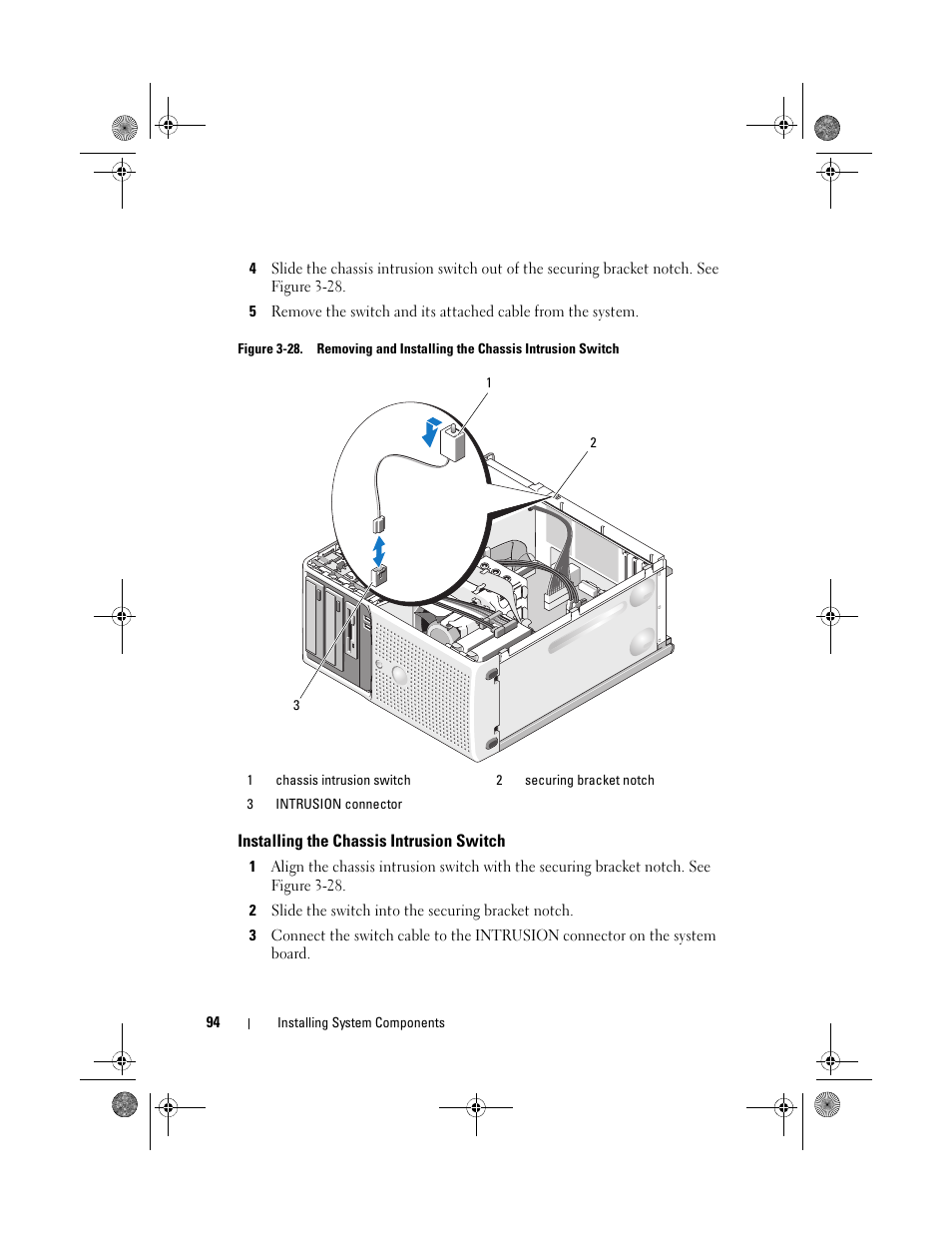 Installing the chassis intrusion switch | Dell PowerEdge T105 User Manual | Page 94 / 190