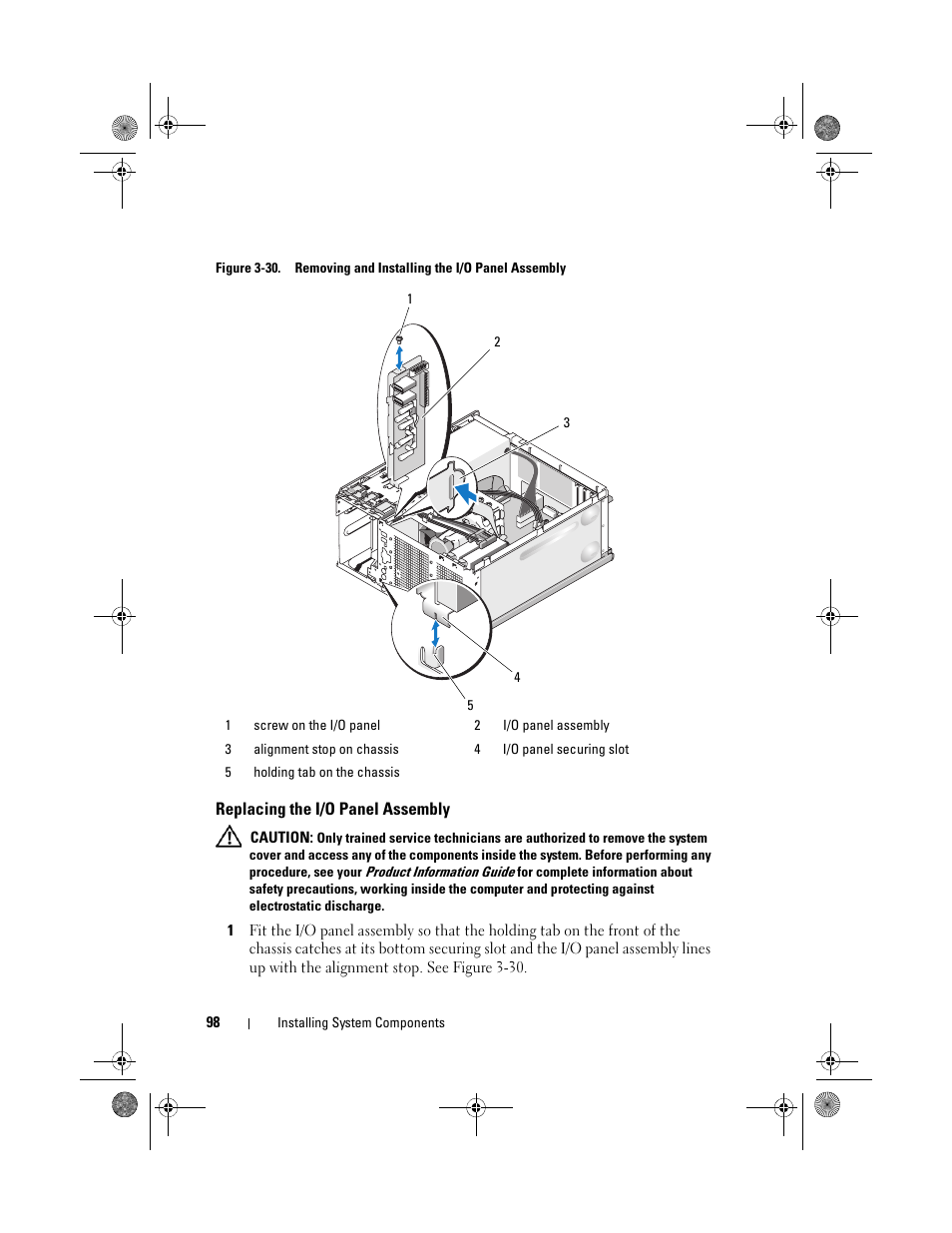 Replacing the i/o panel assembly | Dell PowerEdge T105 User Manual | Page 98 / 190