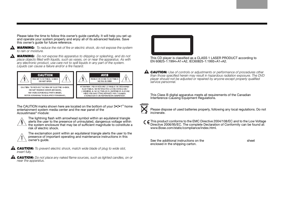 Afety, Nformation, Please read this owner’s guide | Class 1 laser product, Class b emissions limits, Batteries, Additional safety information | Bose 3.2.1 Series III User Manual | Page 2 / 108