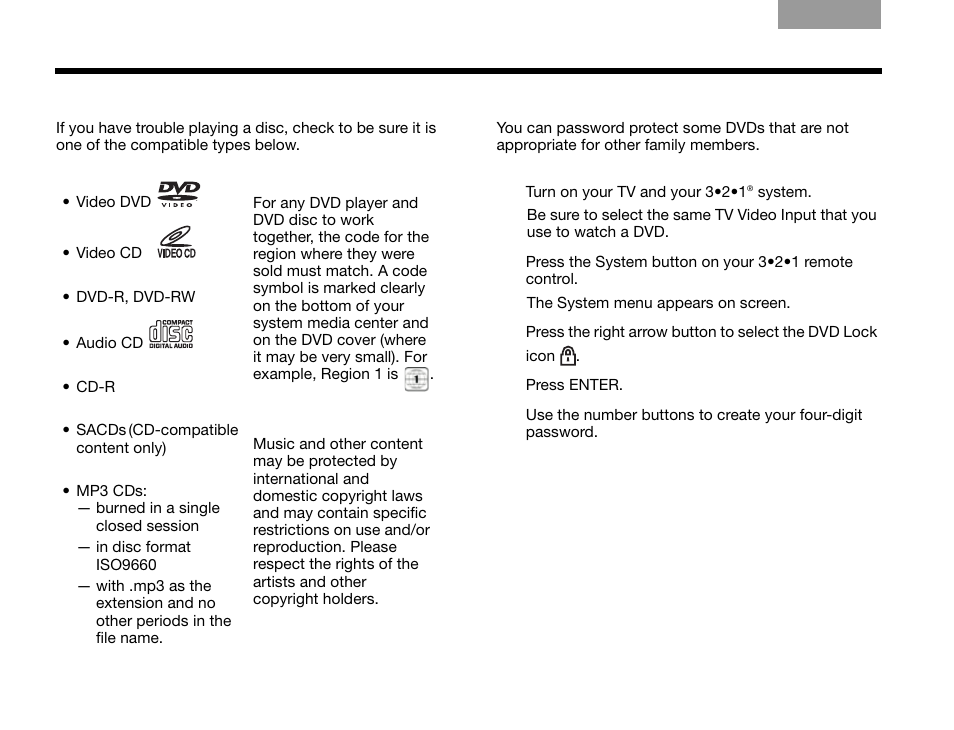 Checking for disc compatibility, For dvds: setting parental control | Bose 3.2.1 Series III User Manual | Page 46 / 108